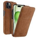 MELKCO Skal till iPhone 15 Plus - Vertikalt fällbart fodral i äkta nötläder + PC - Stötsäkert fodral
