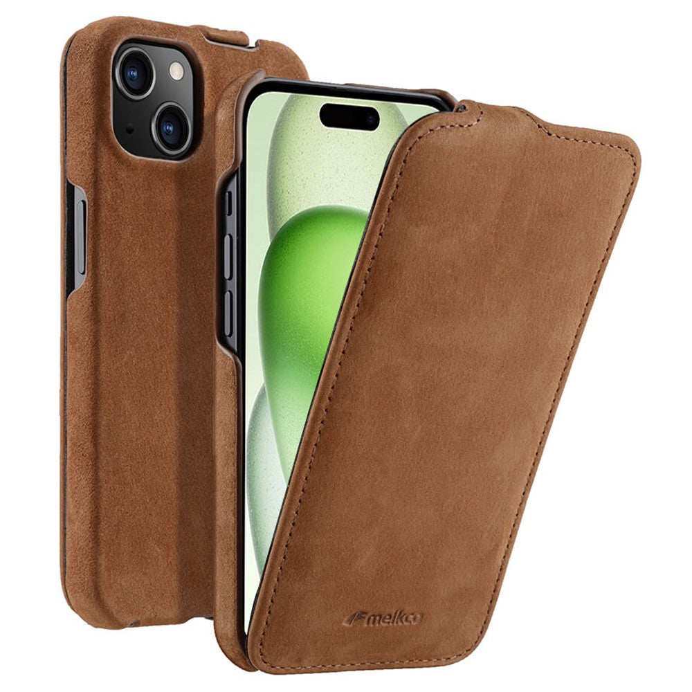 MELKCO Skal till iPhone 15 Plus - Vertikalt fällbart fodral i äkta nötläder + PC - Stötsäkert fodral
