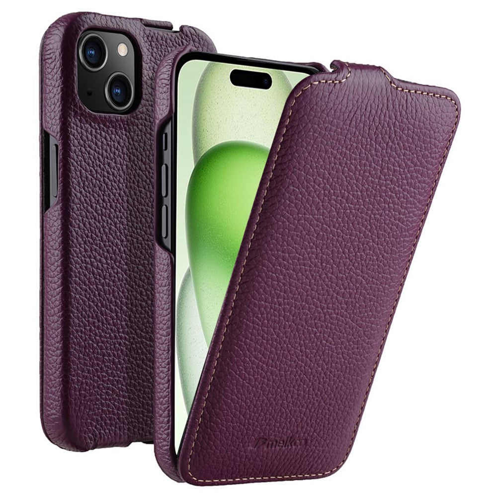 MELKCO Skal till iPhone 15 Plus - Vertikalt fällbart fodral i äkta nötläder + PC - Stötsäkert fodral