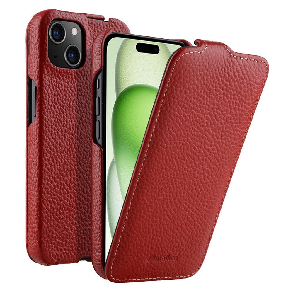 MELKCO Skal till iPhone 15 Plus - Vertikalt fällbart fodral i äkta nötläder + PC - Stötsäkert fodral