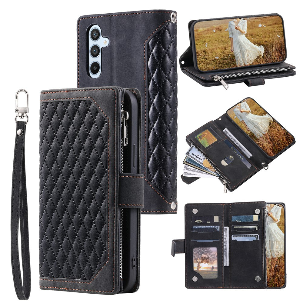 Til Samsung Galaxy A05s 4G Etui PU Læder Telefoncover Diamant Tekstur Lynlås Pung med Rem