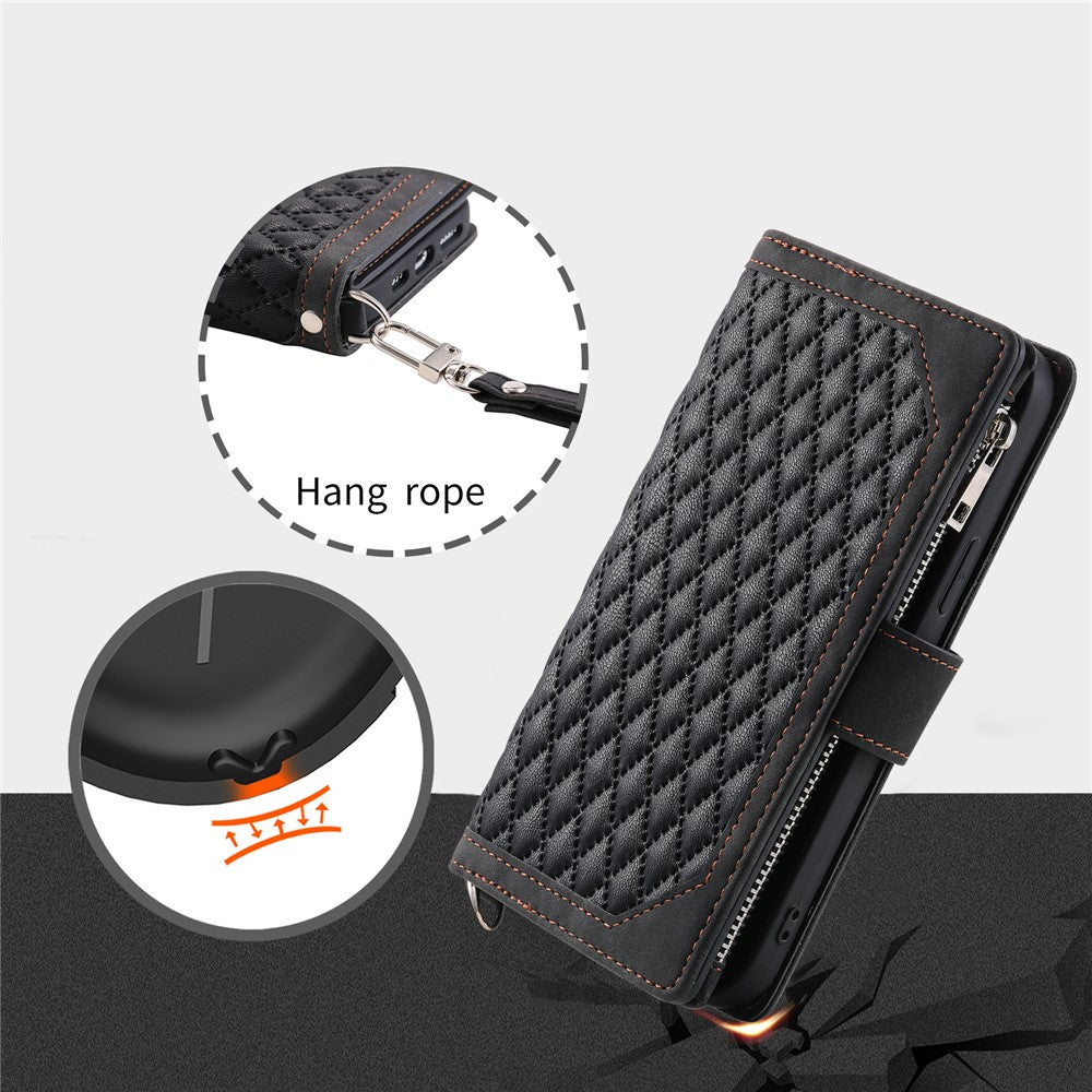 Til Samsung Galaxy A05s 4G Etui PU Læder Telefoncover Diamant Tekstur Lynlås Pung med Rem