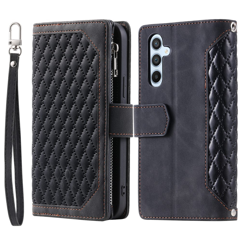 Til Samsung Galaxy A05s 4G Etui PU Læder Telefoncover Diamant Tekstur Lynlås Pung med Rem