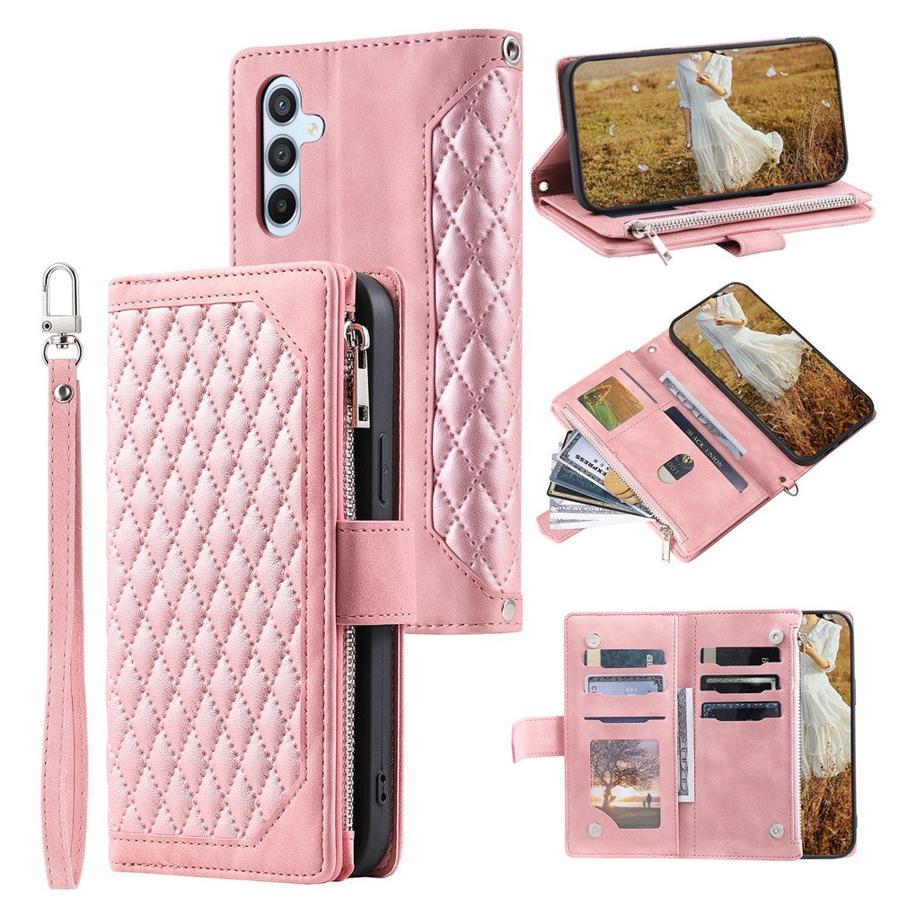 Til Samsung Galaxy A05s 4G Etui PU Læder Telefoncover Diamant Tekstur Lynlås Pung med Rem