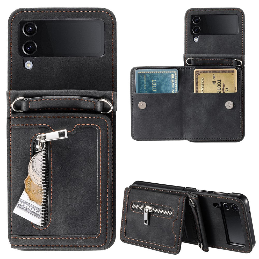 Til Samsung Galaxy Z Flip4 5G coverkortholder PU-læder støtteben telefoncover med håndrem