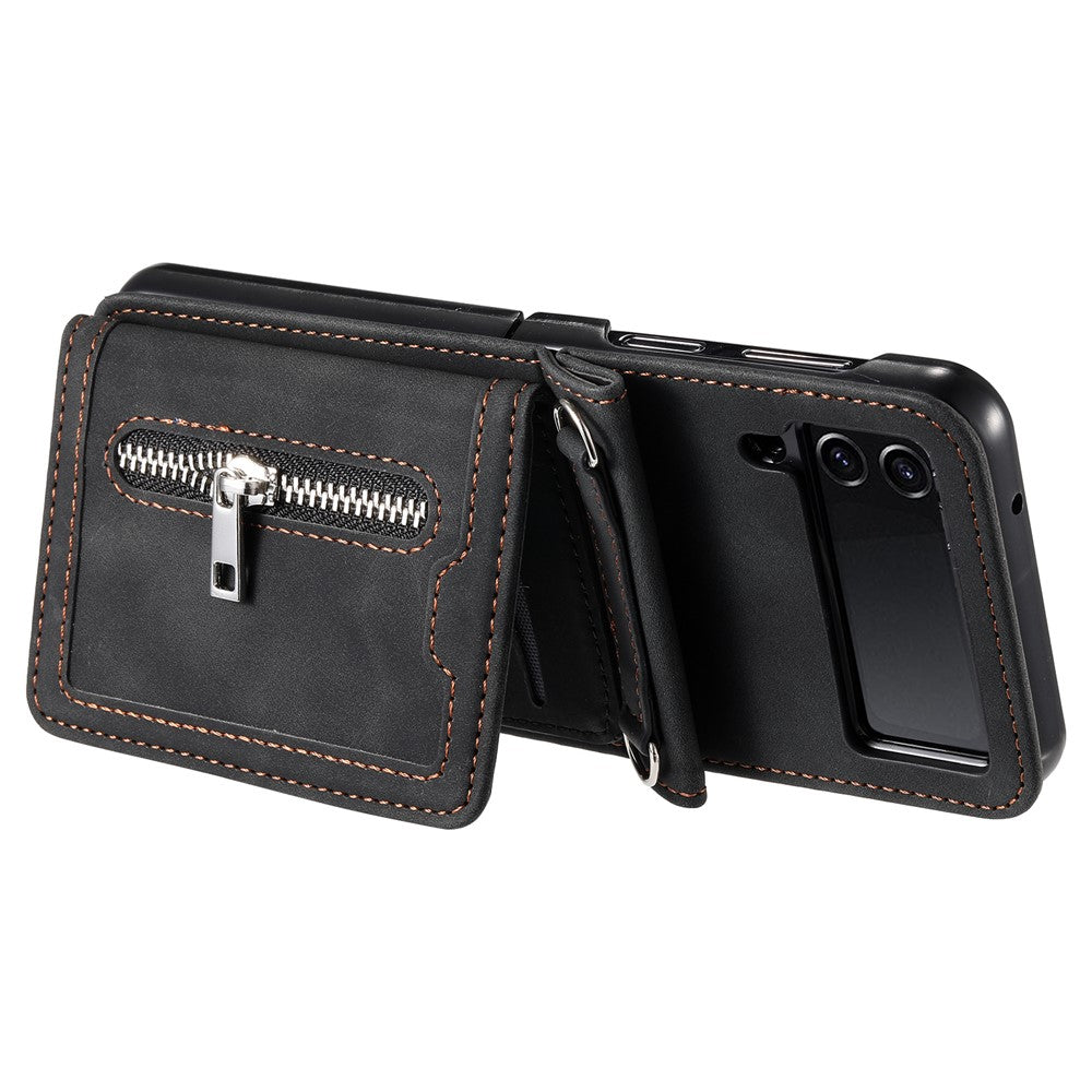 Til Samsung Galaxy Z Flip4 5G coverkortholder PU-læder støtteben telefoncover med håndrem