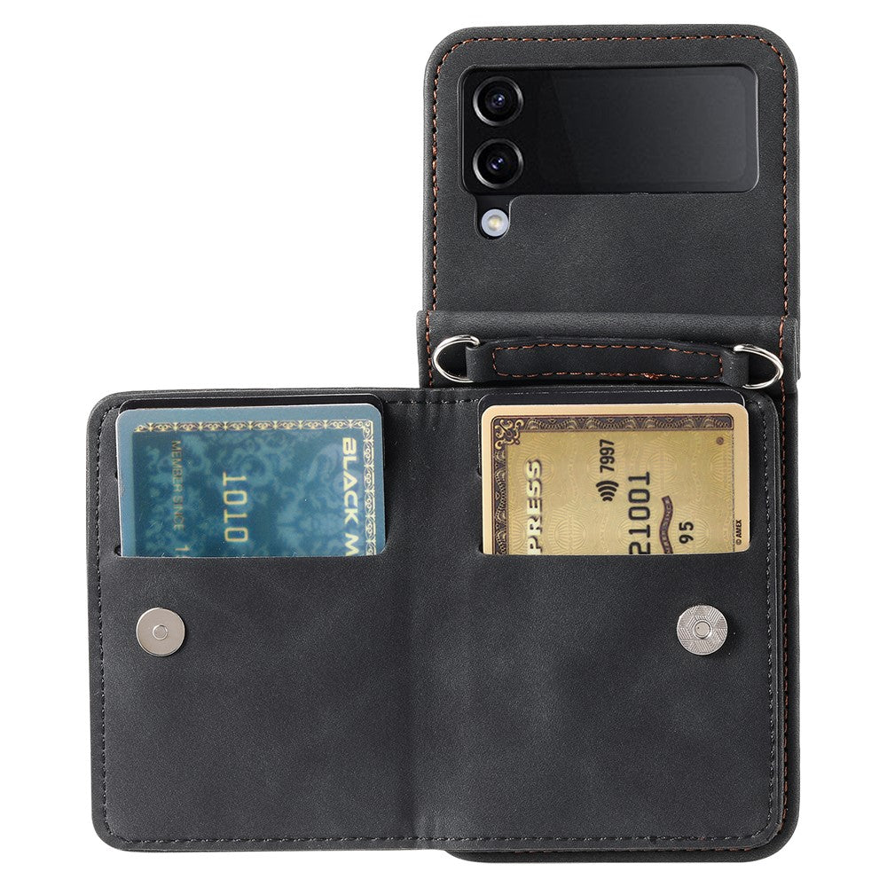 Til Samsung Galaxy Z Flip4 5G coverkortholder PU-læder støtteben telefoncover med håndrem