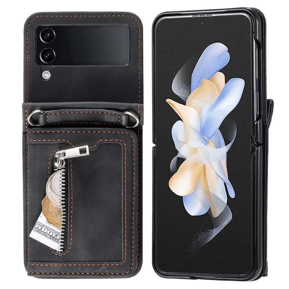 Til Samsung Galaxy Z Flip4 5G coverkortholder PU-læder støtteben telefoncover med håndrem