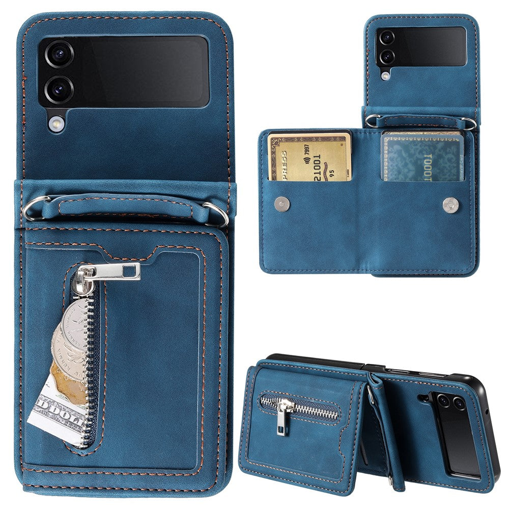 Til Samsung Galaxy Z Flip4 5G coverkortholder PU-læder støtteben telefoncover med håndrem