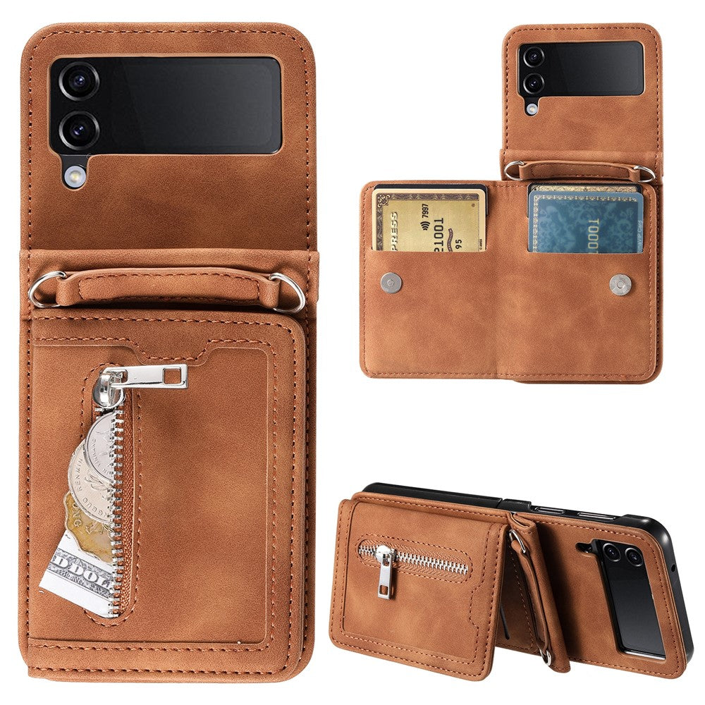 Til Samsung Galaxy Z Flip4 5G coverkortholder PU-læder støtteben telefoncover med håndrem