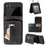 For Samsung Galaxy Z Flip5 5G Case Zipper Pocket Leather Cover with Hand Strap and Shoulder Strap