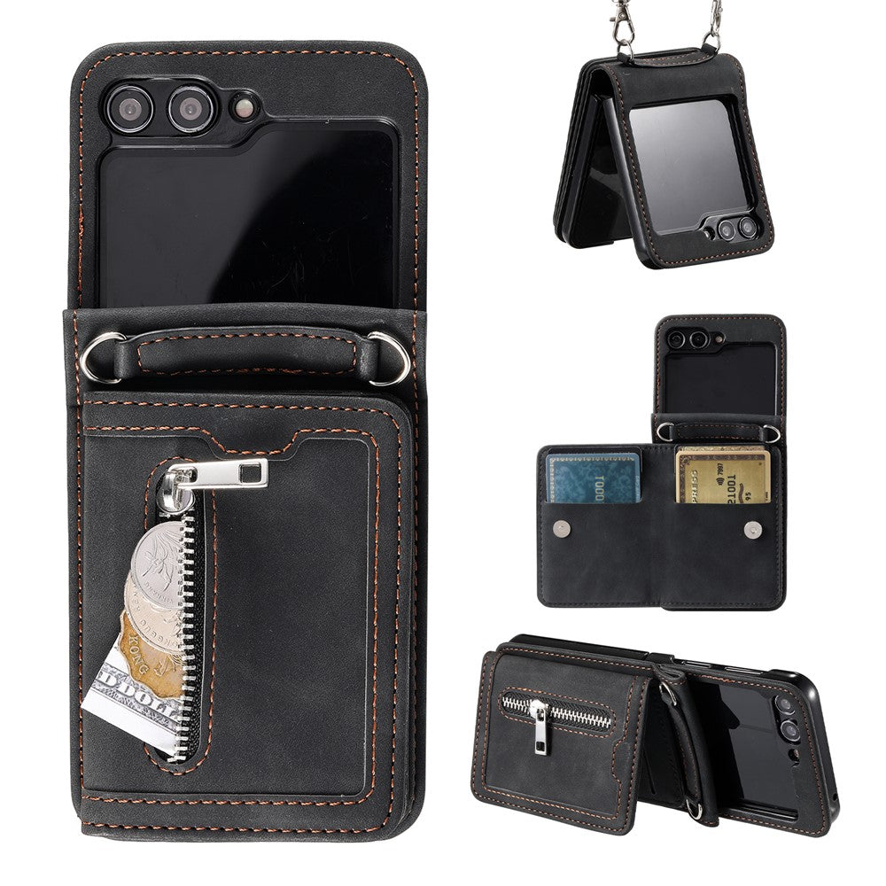 For Samsung Galaxy Z Flip5 5G Case Zipper Pocket Leather Cover with Hand Strap and Shoulder Strap