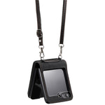 For Samsung Galaxy Z Flip5 5G Case Zipper Pocket Leather Cover with Hand Strap and Shoulder Strap