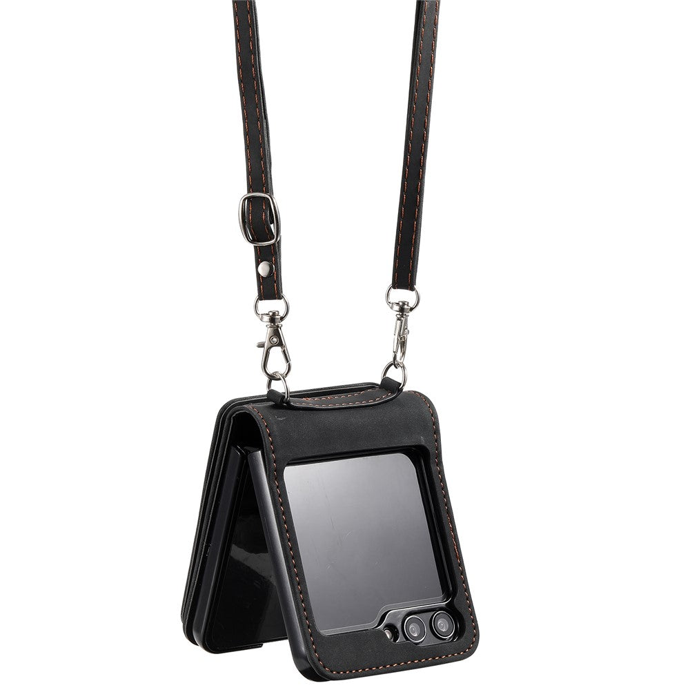 For Samsung Galaxy Z Flip5 5G Case Zipper Pocket Leather Cover with Hand Strap and Shoulder Strap
