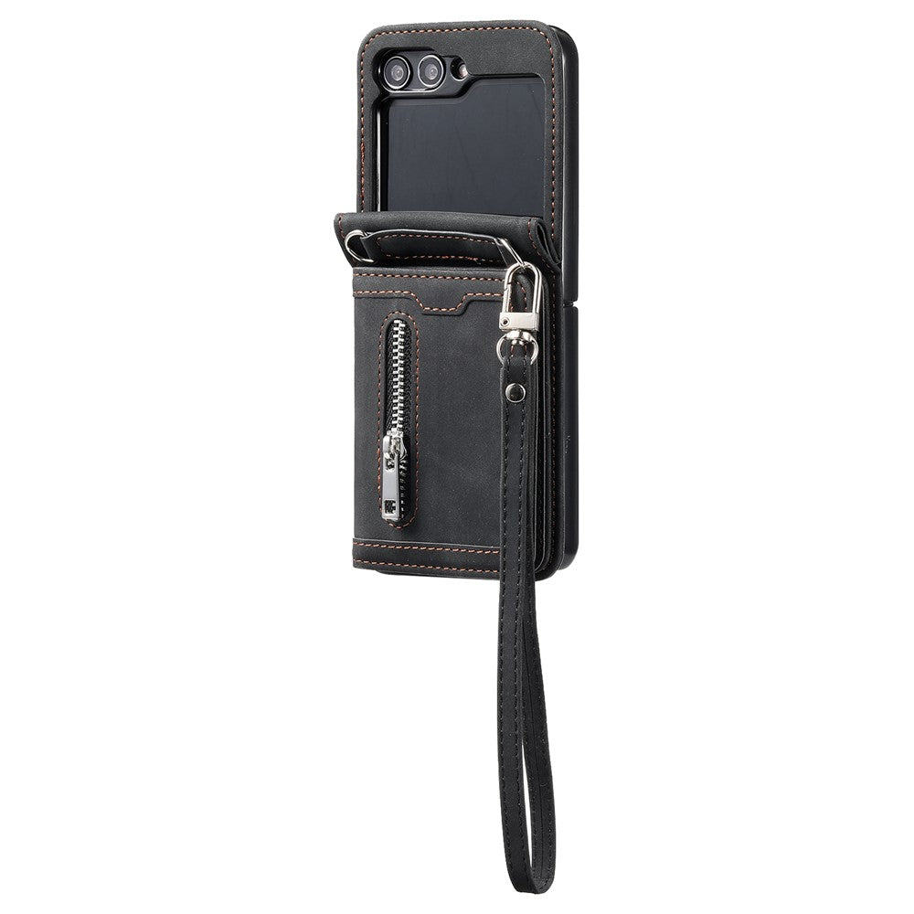 For Samsung Galaxy Z Flip5 5G Case Zipper Pocket Leather Cover with Hand Strap and Shoulder Strap