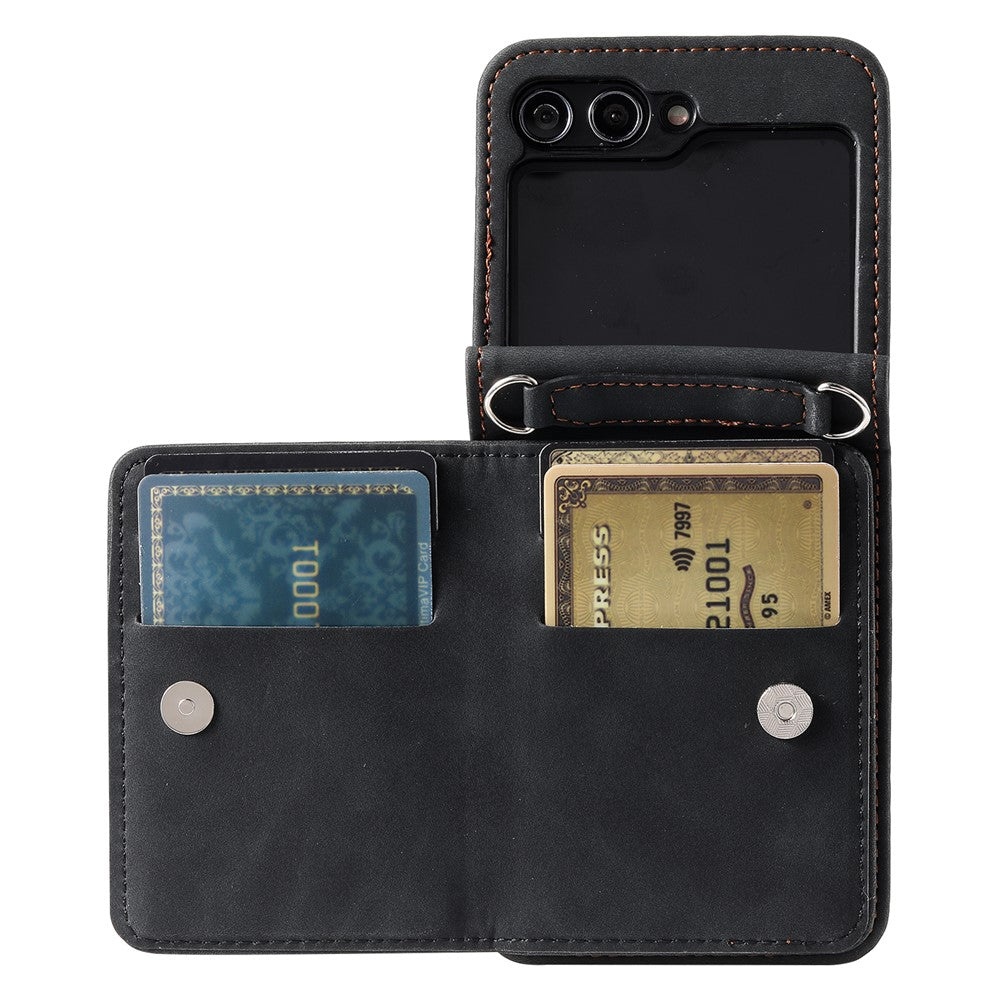 For Samsung Galaxy Z Flip5 5G Case Zipper Pocket Leather Cover with Hand Strap and Shoulder Strap