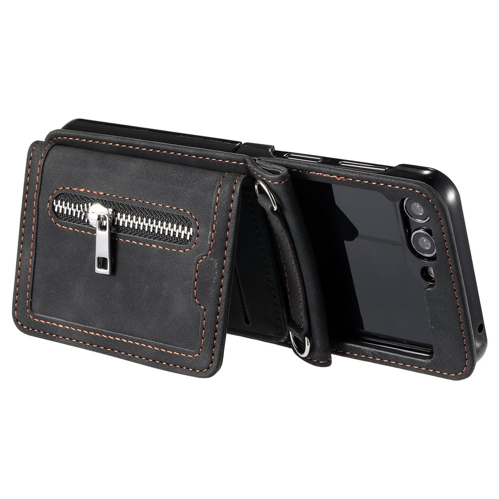 For Samsung Galaxy Z Flip5 5G Case Zipper Pocket Leather Cover with Hand Strap and Shoulder Strap