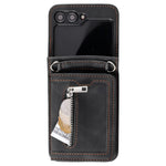 For Samsung Galaxy Z Flip5 5G Case Zipper Pocket Leather Cover with Hand Strap and Shoulder Strap