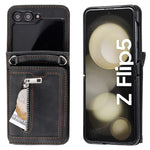 For Samsung Galaxy Z Flip5 5G Case Zipper Pocket Leather Cover with Hand Strap and Shoulder Strap