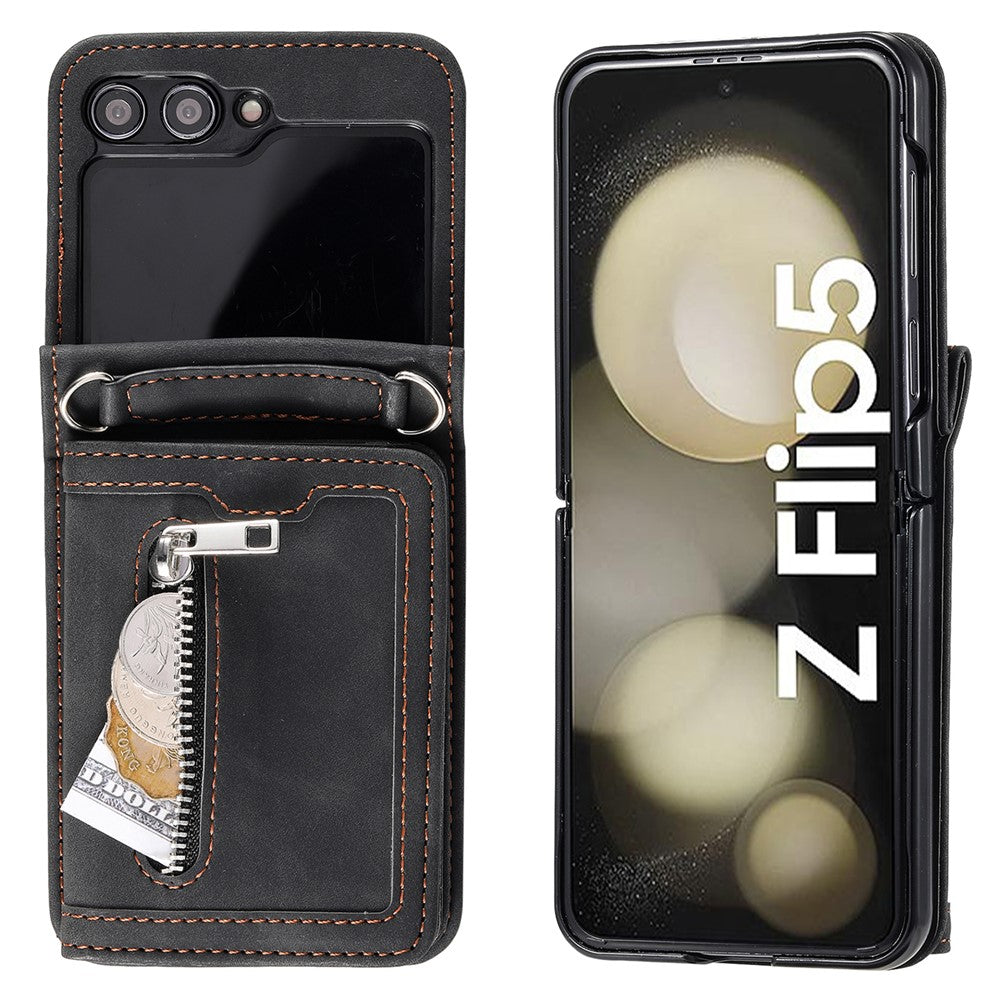 For Samsung Galaxy Z Flip5 5G Case Zipper Pocket Leather Cover with Hand Strap and Shoulder Strap