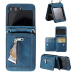 For Samsung Galaxy Z Flip5 5G Case Zipper Pocket Leather Cover with Hand Strap and Shoulder Strap