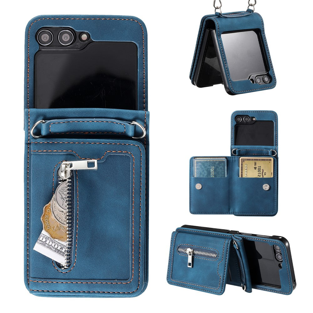 For Samsung Galaxy Z Flip5 5G Case Zipper Pocket Leather Cover with Hand Strap and Shoulder Strap