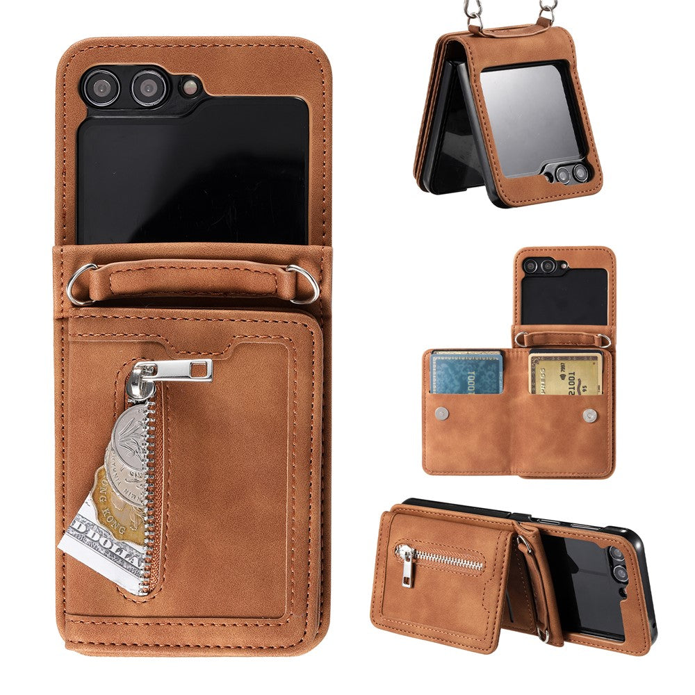 For Samsung Galaxy Z Flip5 5G Case Zipper Pocket Leather Cover with Hand Strap and Shoulder Strap