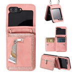 For Samsung Galaxy Z Flip5 5G Case Zipper Pocket Leather Cover with Hand Strap and Shoulder Strap
