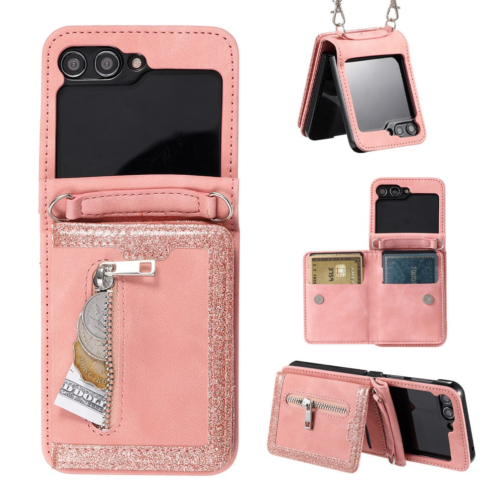 For Samsung Galaxy Z Flip5 5G Case Zipper Pocket Leather Cover with Hand Strap and Shoulder Strap
