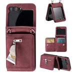 For Samsung Galaxy Z Flip5 5G Case Zipper Pocket Leather Cover with Hand Strap and Shoulder Strap