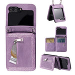 For Samsung Galaxy Z Flip5 5G Case Zipper Pocket Leather Cover with Hand Strap and Shoulder Strap