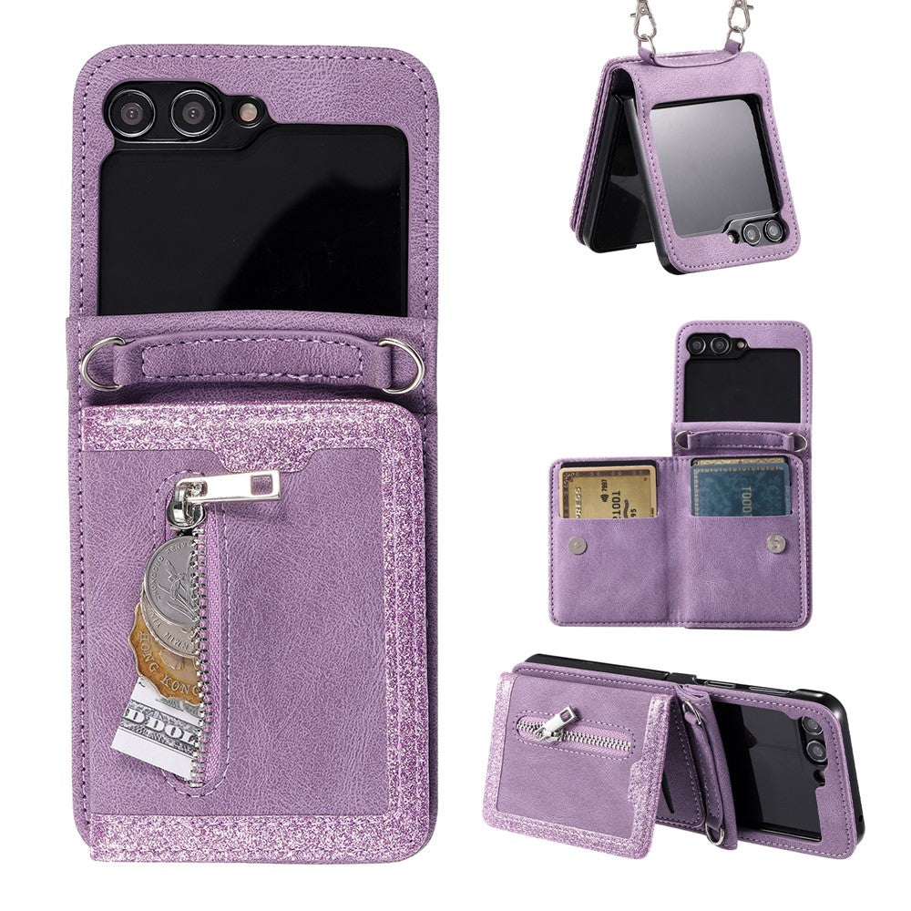 For Samsung Galaxy Z Flip5 5G Case Zipper Pocket Leather Cover with Hand Strap and Shoulder Strap