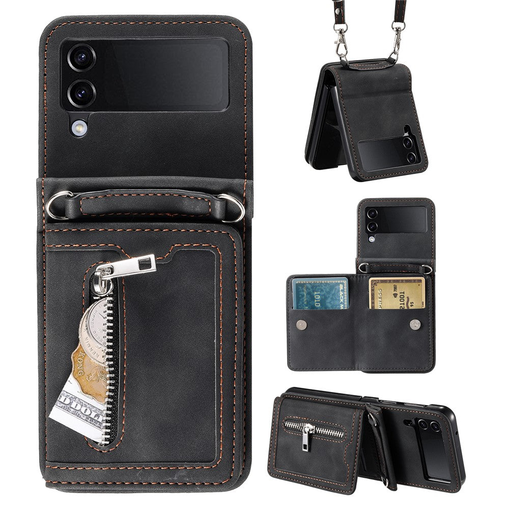 Til Samsung Galaxy Z Flip4 5G Kickstand Cover Lynlåslomme Lædercover med Håndrem og Skulderrem