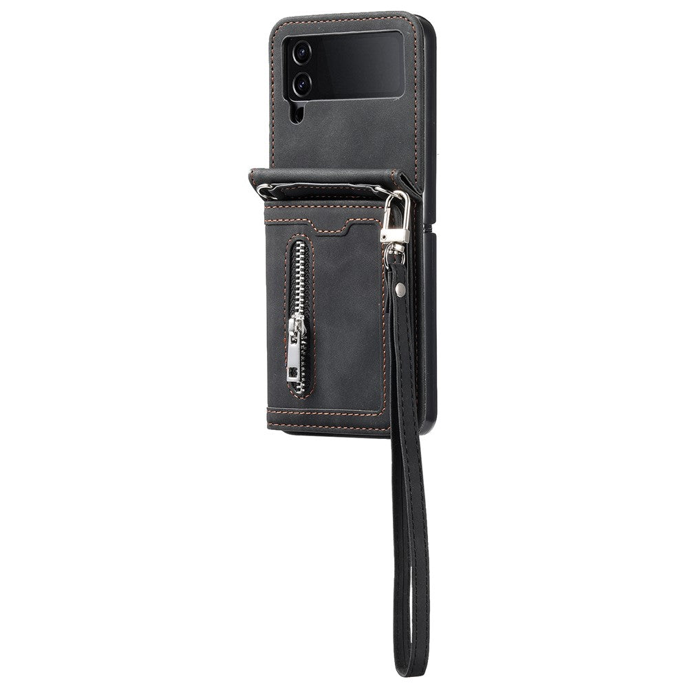 Til Samsung Galaxy Z Flip4 5G Kickstand Cover Lynlåslomme Lædercover med Håndrem og Skulderrem