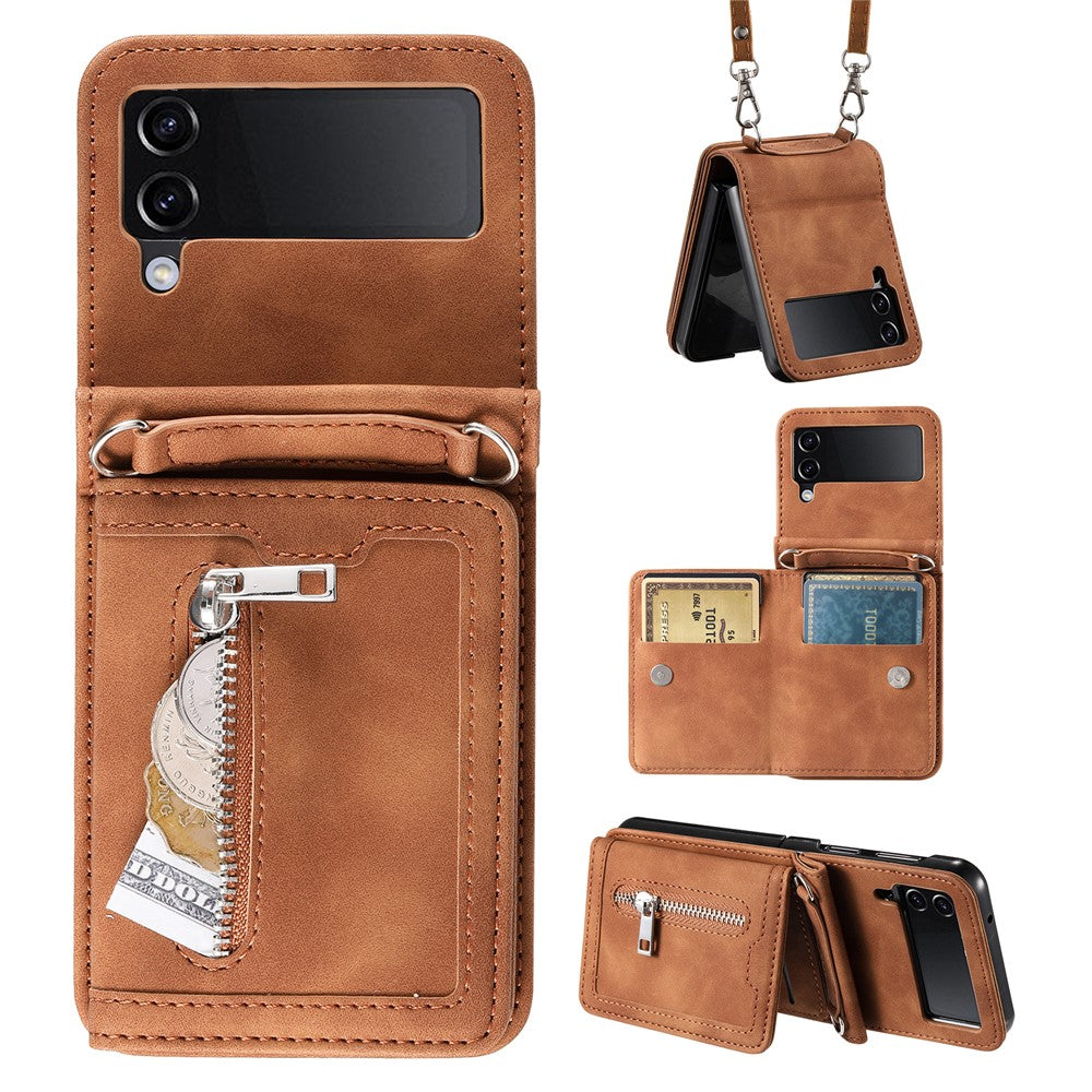 Til Samsung Galaxy Z Flip4 5G Kickstand Cover Lynlåslomme Lædercover med Håndrem og Skulderrem