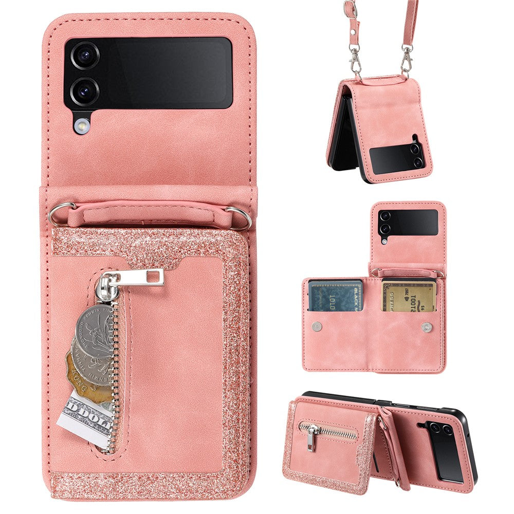 Til Samsung Galaxy Z Flip4 5G Kickstand Cover Lynlåslomme Lædercover med Håndrem og Skulderrem