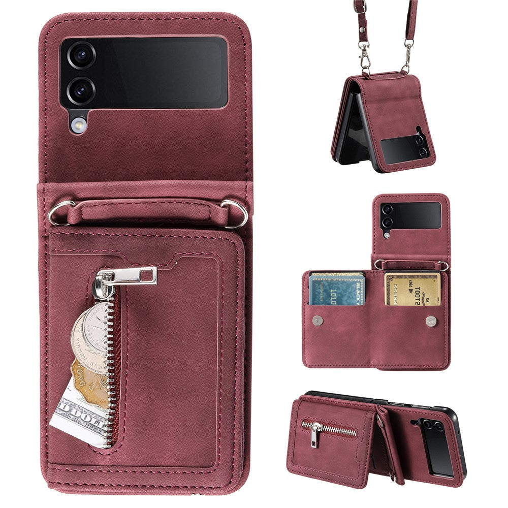 Til Samsung Galaxy Z Flip4 5G Kickstand Cover Lynlåslomme Lædercover med Håndrem og Skulderrem