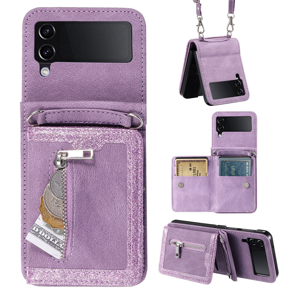Til Samsung Galaxy Z Flip4 5G Kickstand Cover Lynlåslomme Lædercover med Håndrem og Skulderrem