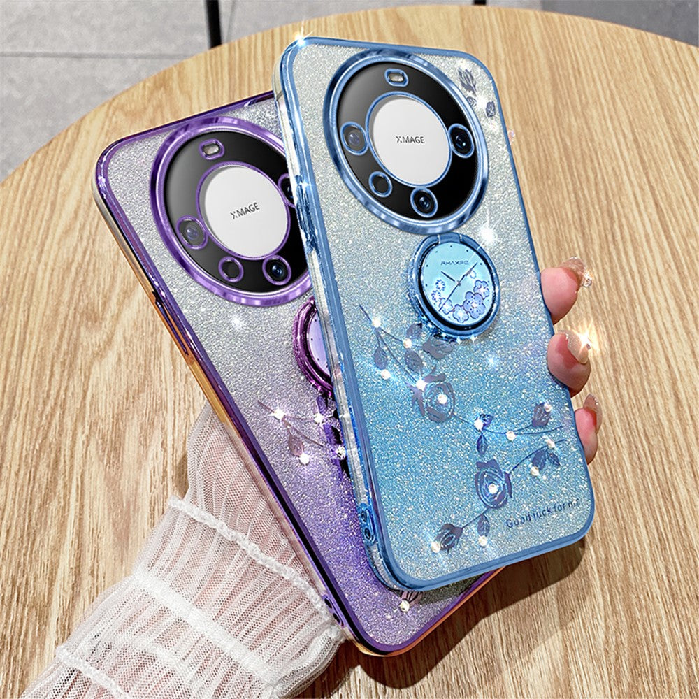 KADEM For Huawei Mate 60 Case Ring Kickstand Precise Cutout Flower Pattern Gradient Glitter TPU Cover