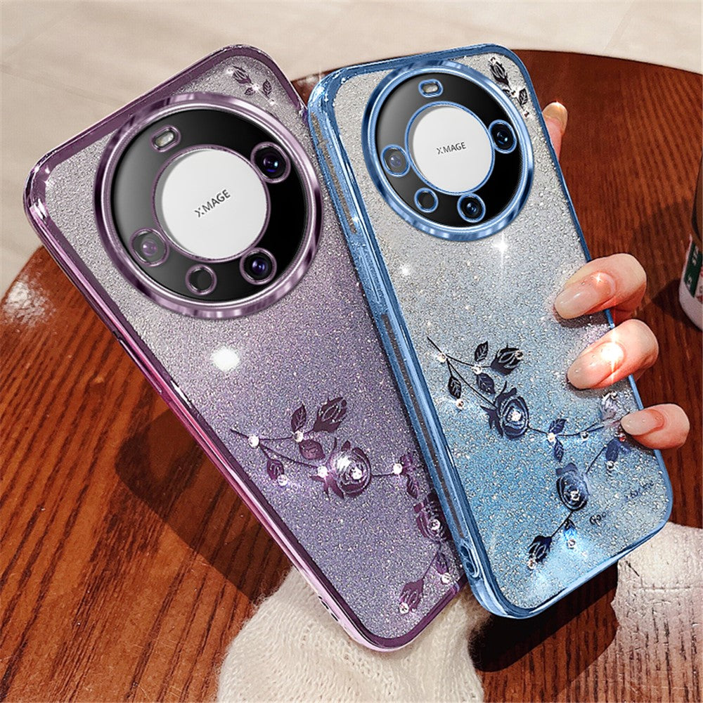 KADEM Skal För Huawei Mate 60 Pro - Precis Utskuret Strass Blomma - Fallskyddande TPU mobilskal Med Rem