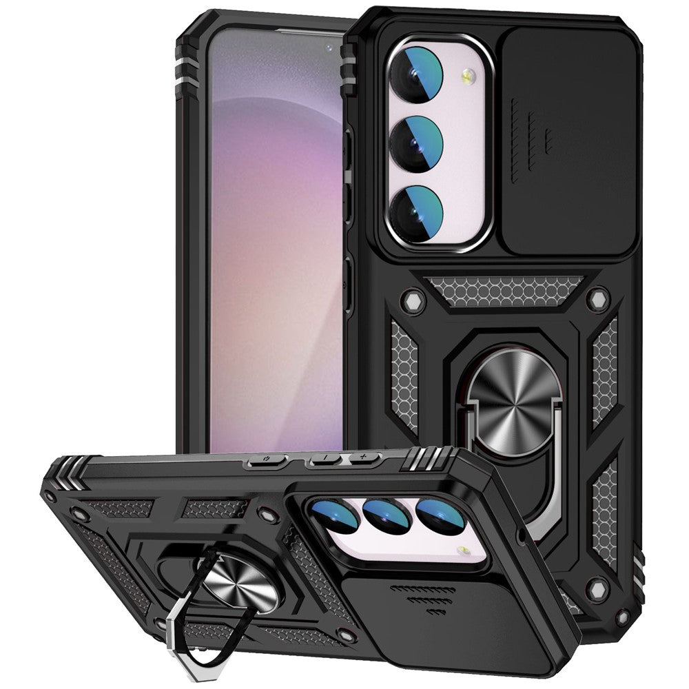 For Samsung Galaxy S23 FE Case Slide Camera Lid PC+TPU Cellphone Cover with Ring Kickstand