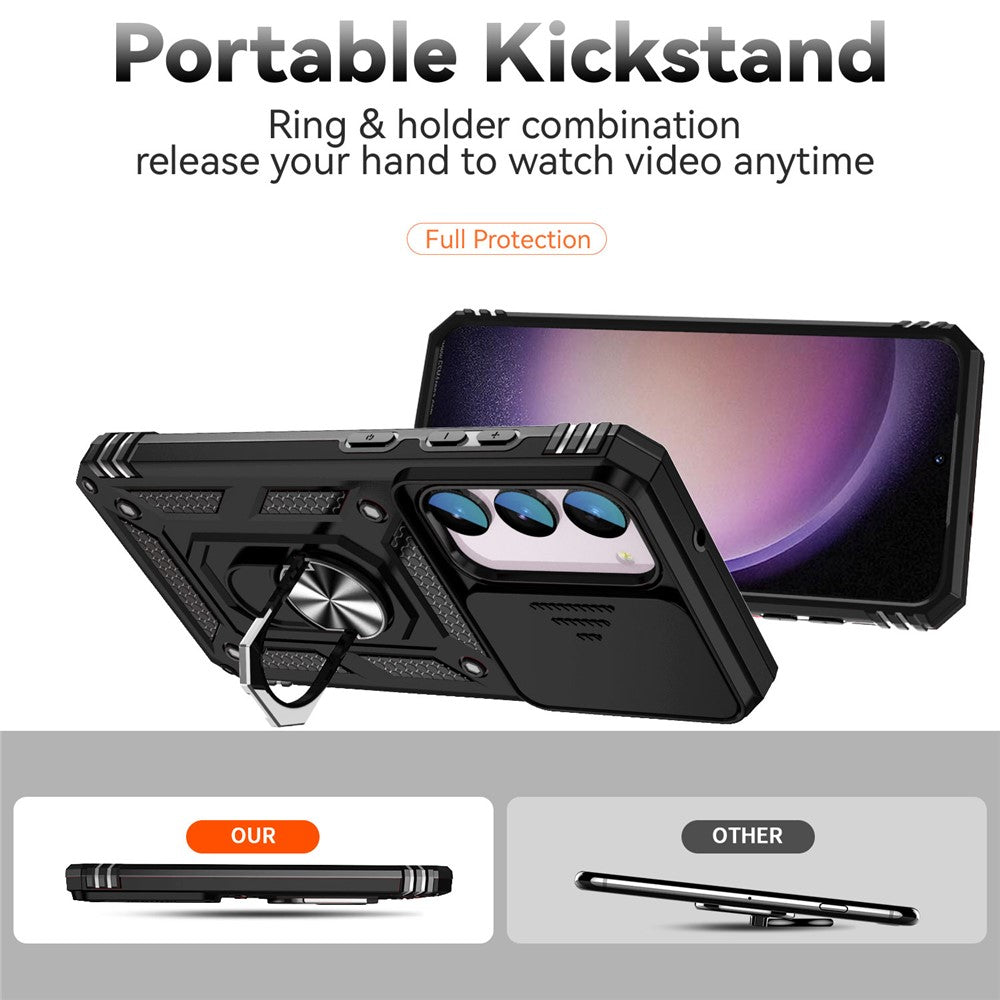 For Samsung Galaxy S23 FE Case Slide Camera Lid PC+TPU Cellphone Cover with Ring Kickstand