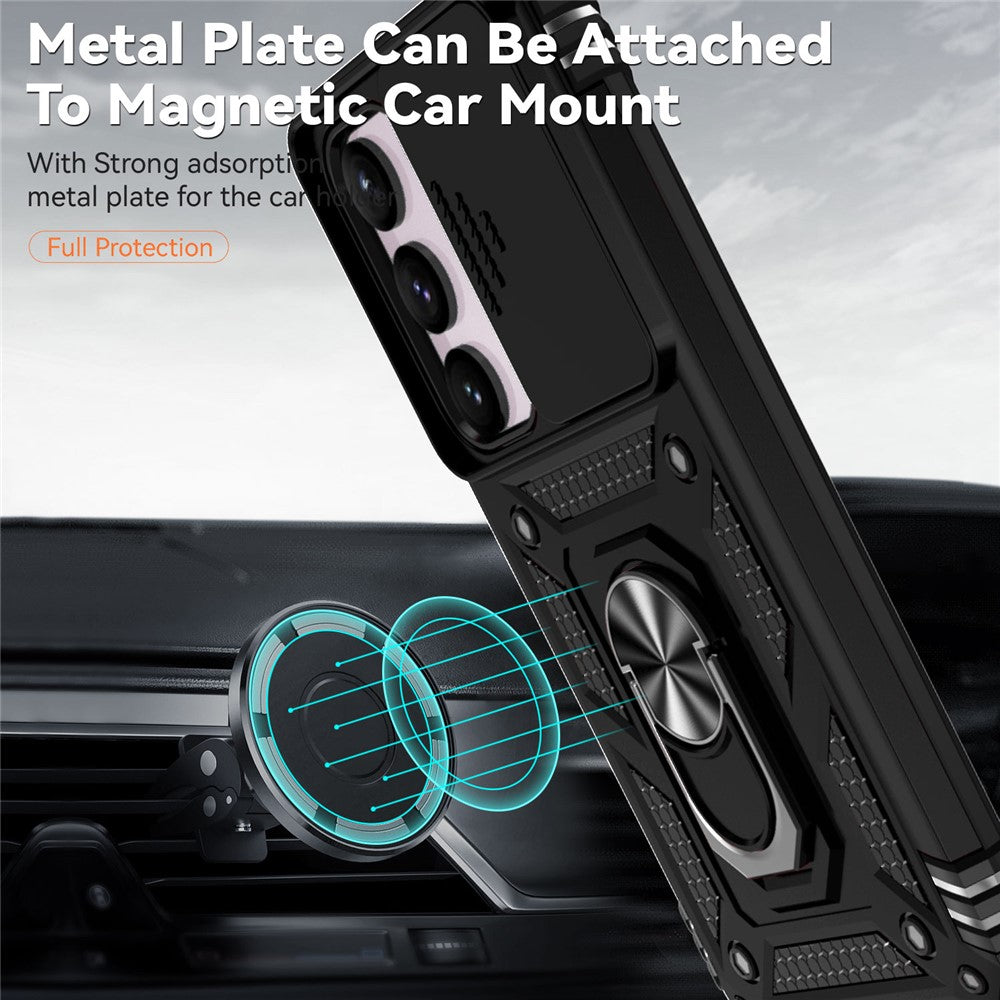For Samsung Galaxy S23 FE Case Slide Camera Lid PC+TPU Cellphone Cover with Ring Kickstand