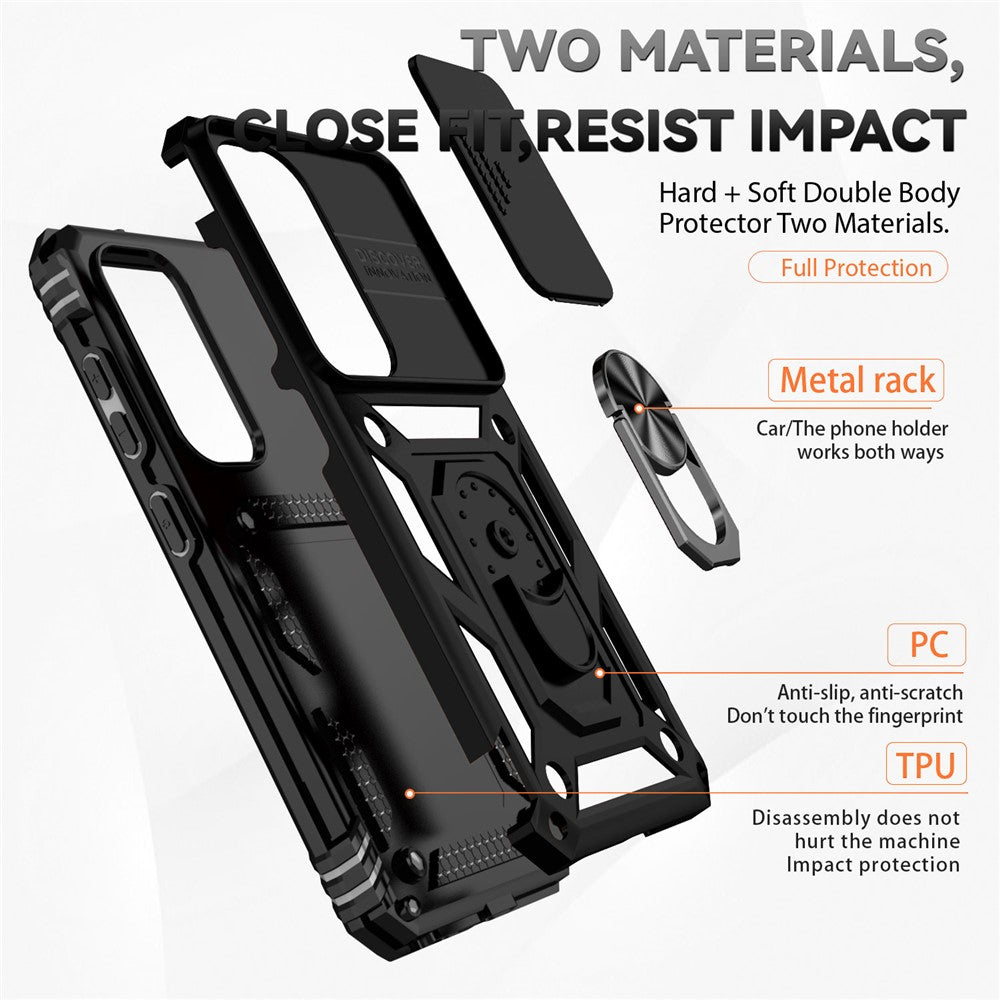 For Samsung Galaxy S23 FE Case Slide Camera Lid PC+TPU Cellphone Cover with Ring Kickstand