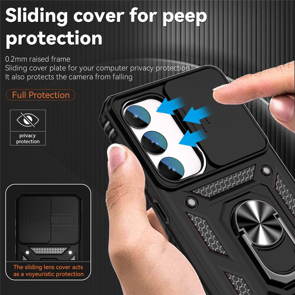 For Samsung Galaxy S23 FE Case Slide Camera Lid PC+TPU Cellphone Cover with Ring Kickstand