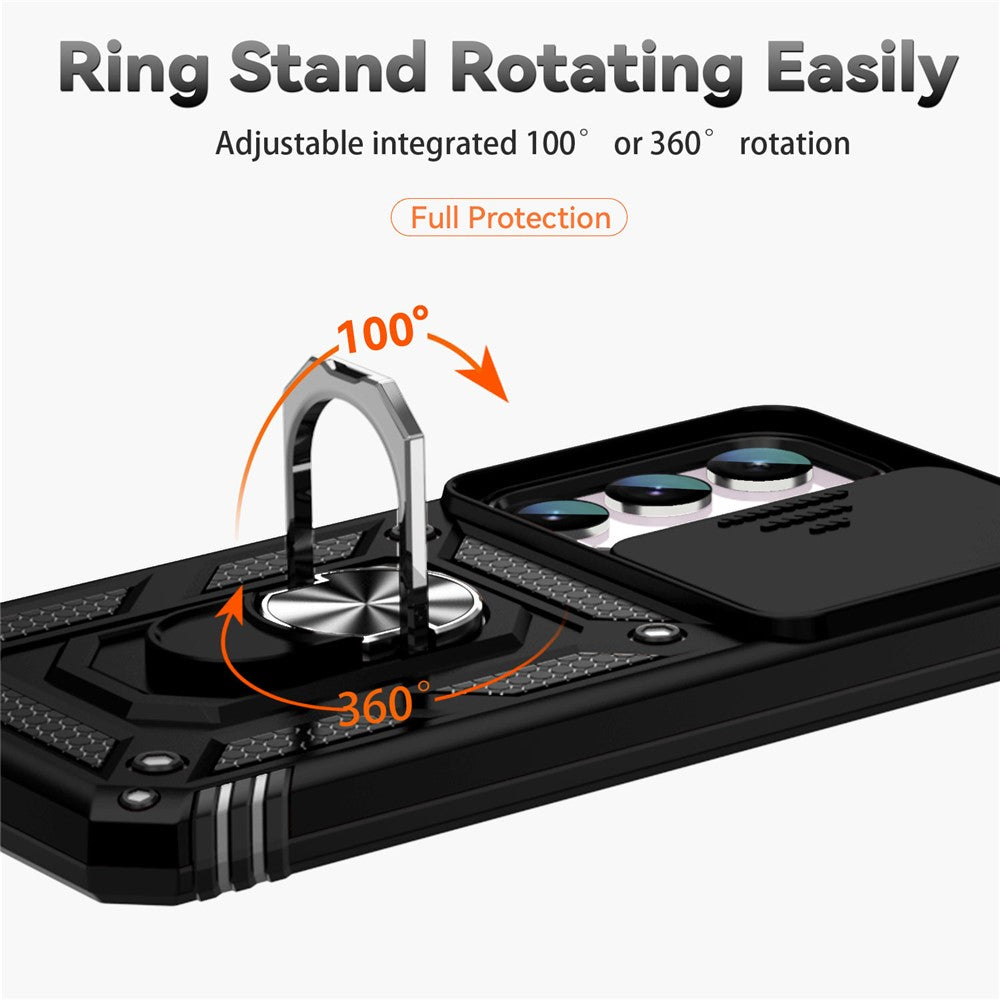 For Samsung Galaxy S23 FE Case Slide Camera Lid PC+TPU Cellphone Cover with Ring Kickstand