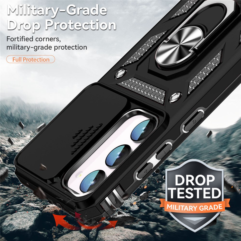 For Samsung Galaxy S23 FE Case Slide Camera Lid PC+TPU Cellphone Cover with Ring Kickstand