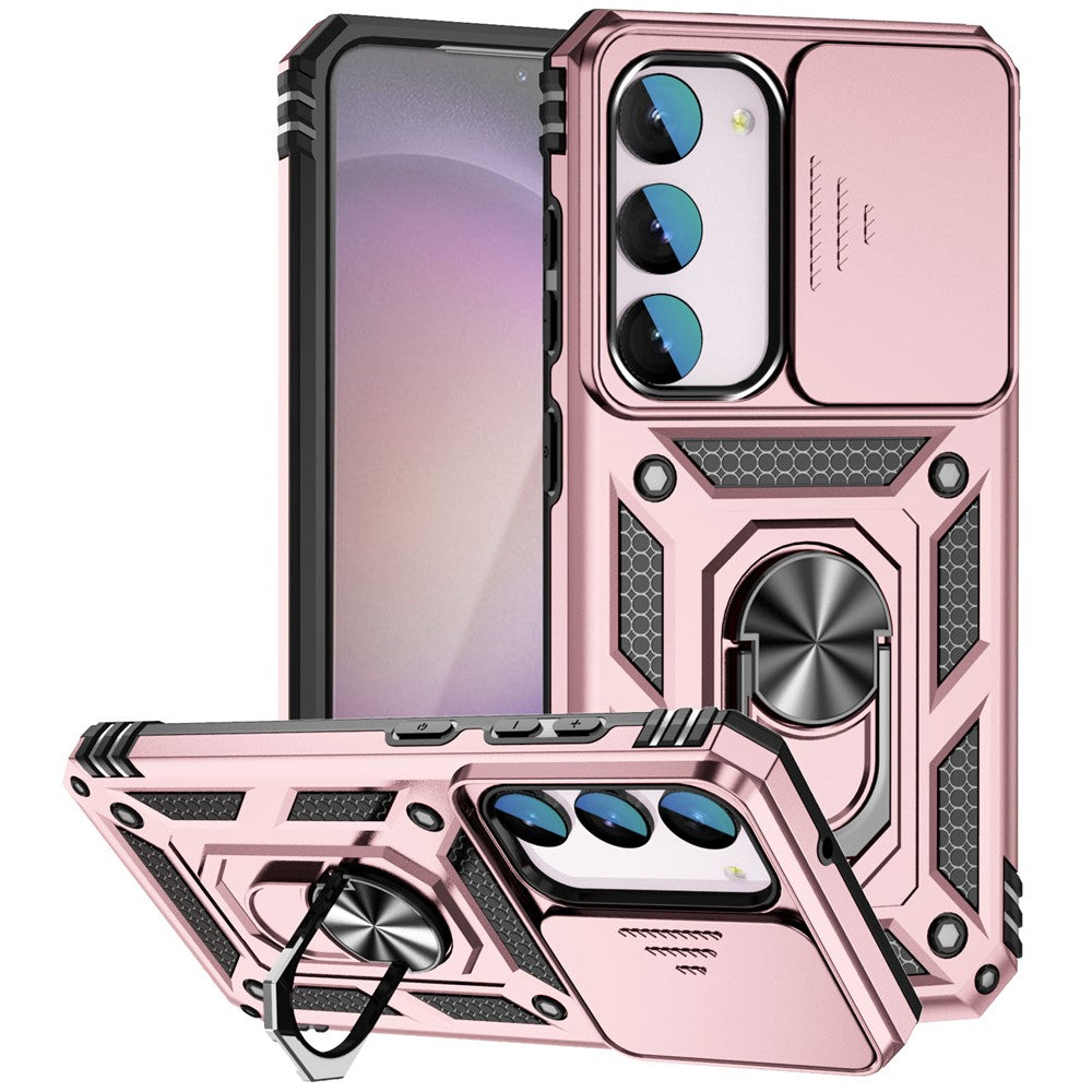 For Samsung Galaxy S23 FE Case Slide Camera Lid PC+TPU Cellphone Cover with Ring Kickstand