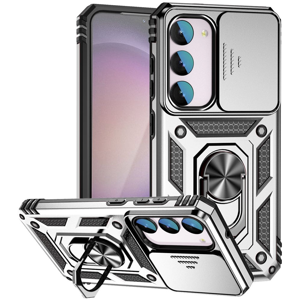 For Samsung Galaxy S23 FE Case Slide Camera Lid PC+TPU Cellphone Cover with Ring Kickstand