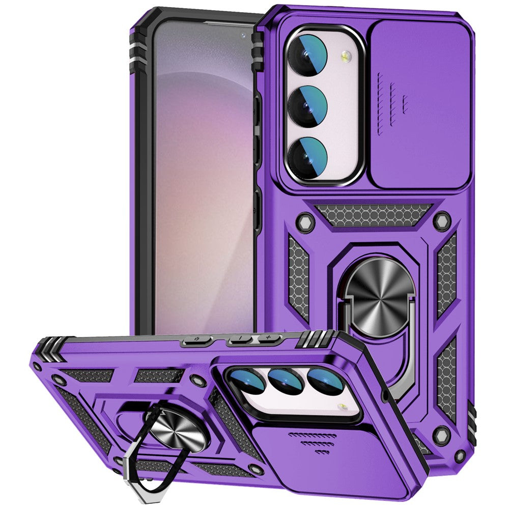 For Samsung Galaxy S23 FE Case Slide Camera Lid PC+TPU Cellphone Cover with Ring Kickstand